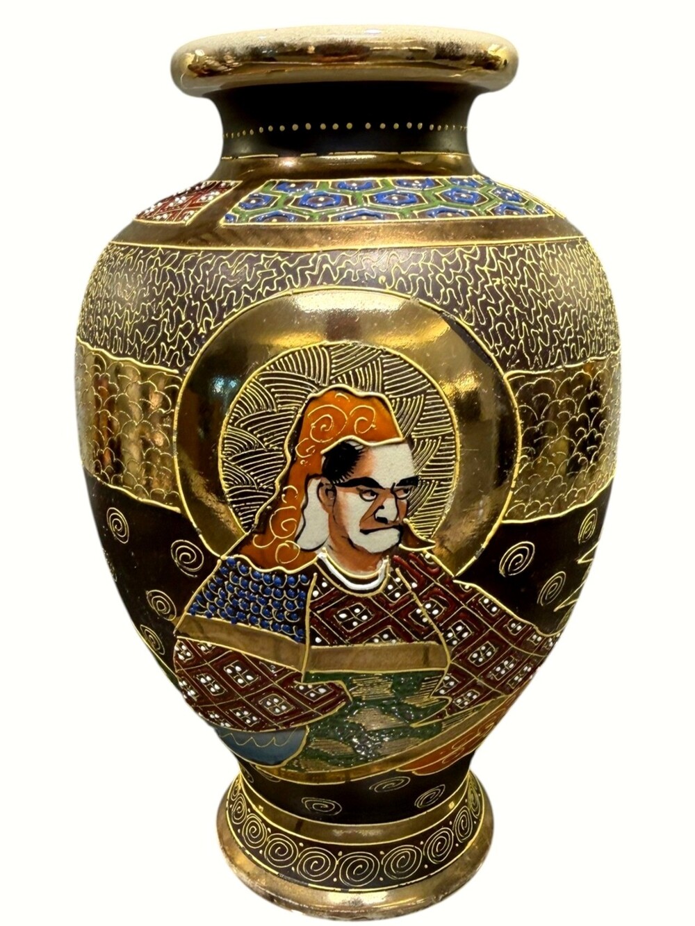 Vintage Japanese Satsuma Moriage Samurai Figural Vase 10" Gilt Marked